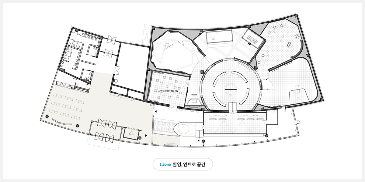 1 Zone 환영, 인트로 공간이 표시된 통일미래체험관 전체 조감도